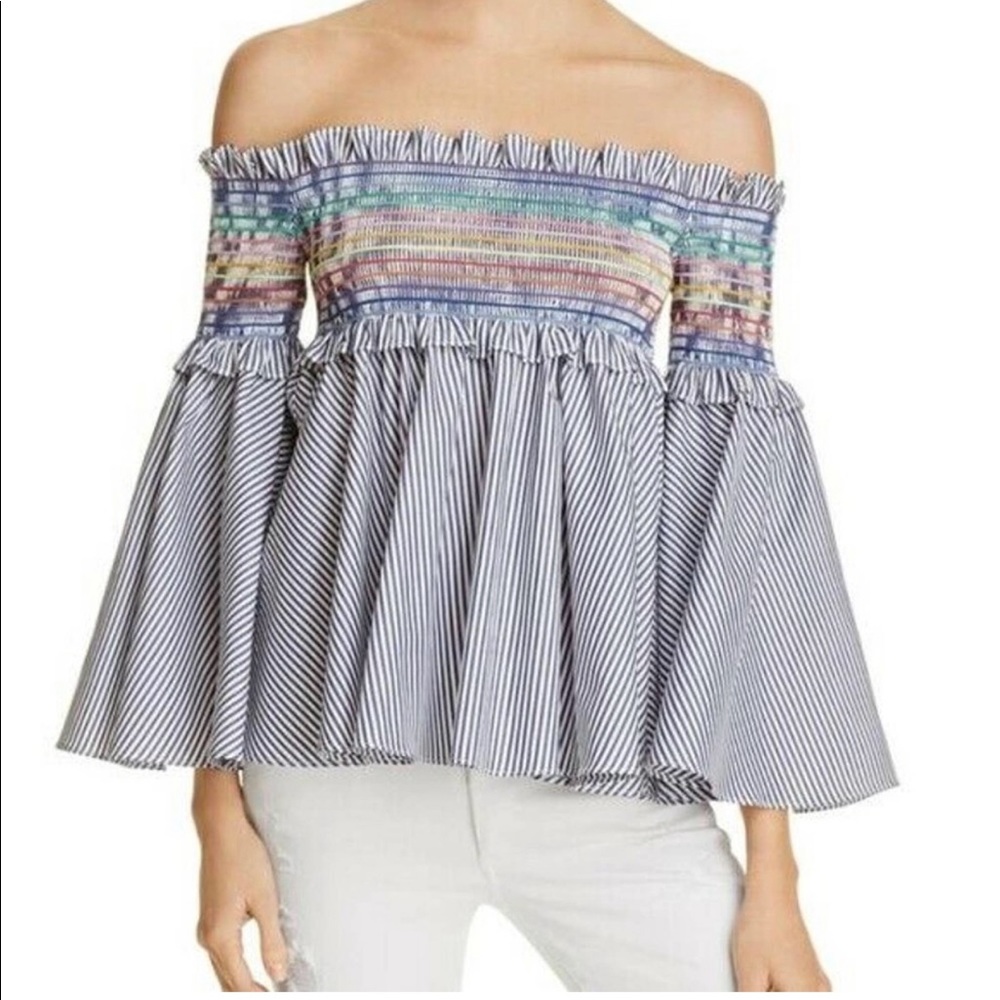 Petersyn Davenport Blue Stripe Smocked Top Shirt Off Shoulder XS NEW NWT - Picture 1 of 6
